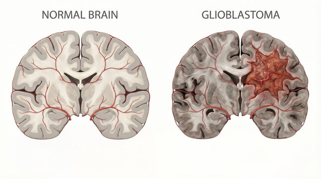Brain Tumor Anatomy: Normal Hemisphere vs Glioblastoma Cross-Section