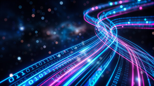 Daten&uuml;bertragung als leuchtende Glasfaser-Lichtspuren mit Bin&auml;rcode im digitalen Netzwerk
