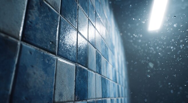 A close-up shot showcases a wall of blue tiles illuminated by a bright, overhead light, creating a dramatic and slightly unsettling atmosphere with scattered droplets.