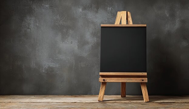 A wooden easel with a black chalkboard stands on a rustic wooden surface against a textured gray wall, creating a minimalist and artistic composition.