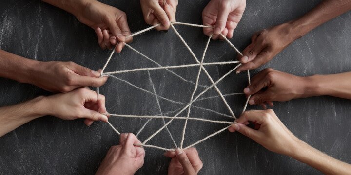 A diverse group of hands collaboratively hold and manipulate a complex web of string, symbolizing connection and interdependence.