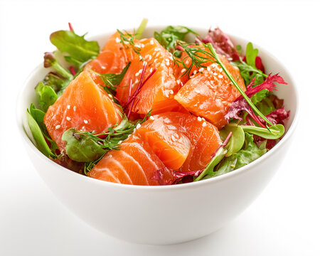Fresh salmon poke bowl with raw fish slices, sesame seeds, and mixed green salad in a white bowl. Healthy seafood dish with Atlantic salmon and herbs isolated on white background