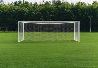 Fototapeta premium Empty soccer goal standing on a well-maintained green grass football pitch, surrounded by trees under a clear sky