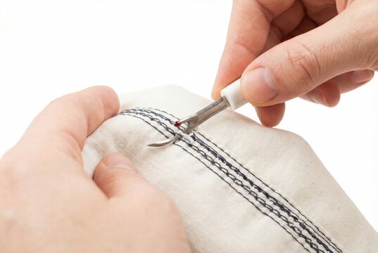 Hands using a seam ripper tool to unpick dark thread stitches from white fabric