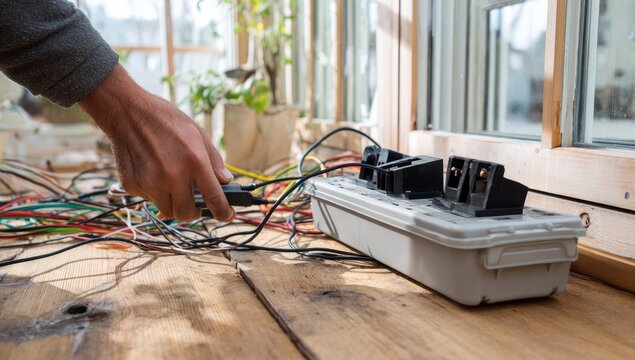 A person is plugging a power cord into a surge protector amidst a tangle of wires on a wooden surface.