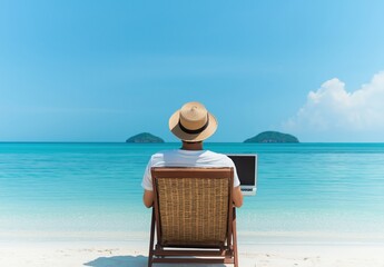 Obraz premium Man wearing hat using laptop, enjoying remote work and tropical vacation on a white sand beach with turquoise ocean