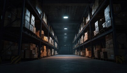Fototapeta premium A long, dimly lit warehouse aisle is filled with stacked boxes and shelves, creating a sense of depth and industrial storage.