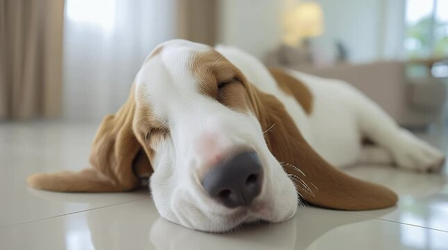 A relaxed and sleepy beagle dog lies comfortably on a cool tile floor in a bright living room conveying feelings of peace contentment and cozy domesticity