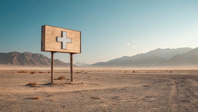 A weathered wooden medical sign stands solitary in a vast, arid desert landscape beneath a clear blue sky, evoking a sense of isolation and resilience.
