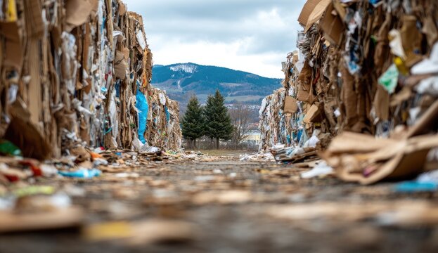 A narrow pathway is framed by towering stacks of discarded cardboard boxes, leading towards a distant, snow-capped mountain range.