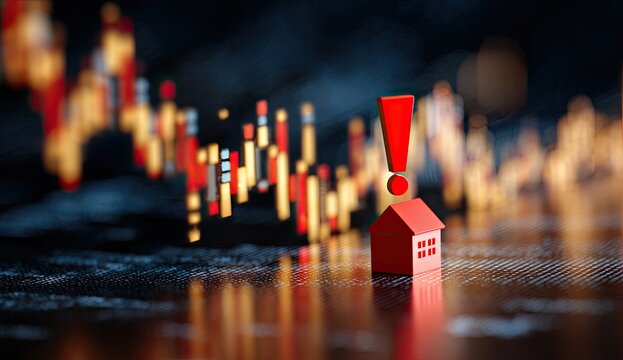 A miniature red house stands prominently in front of a blurred cityscape, topped with a bright red exclamation point, symbolizing a potential warning
