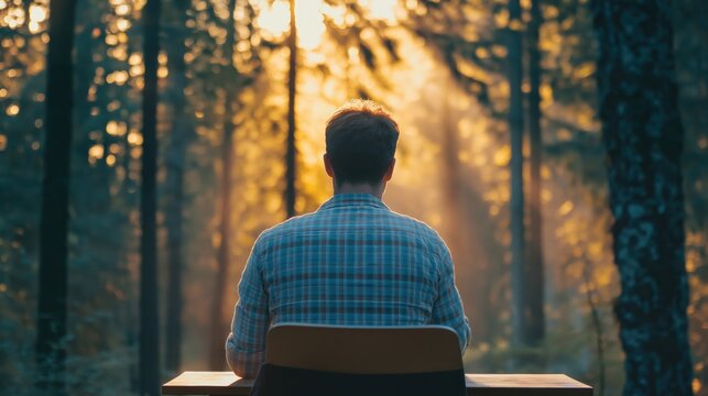 Man sitting at a desk in a forest, finding calm and solitude during golden hour, rays of sun piercing through trees