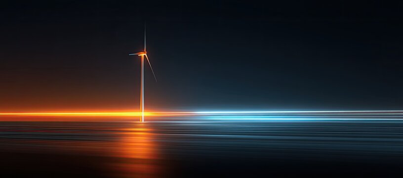 A long exposure photograph showcases a solitary wind turbine silhouetted against a dark sky, with vibrant streaks of orange and blue light creating a dynamic and futuristic atmosphere.
