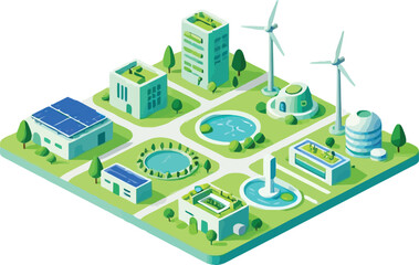 Naklejka premium Isometric Green City with Renewable Energy — Sustainable Urban Infrastructure