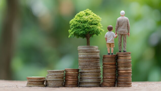 A grandfather and grandson stand atop stacks of coins, with a small tree growing from the largest stack, symbolizing financial growth and legacy.