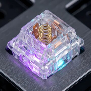 Extreme macro of translucent mechanical keyboard switch with RGB lighting and gold spring.