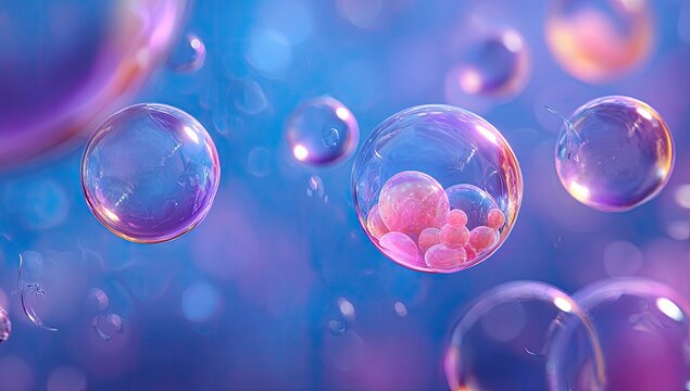 Abstract Macro Bubbles with Pink Spheres Inside Floating in Blue Purple Hues.