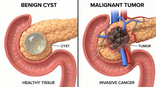 Pancreatic Cancer Comparison: Benign Cyst vs Malignant Tumor Anatomy