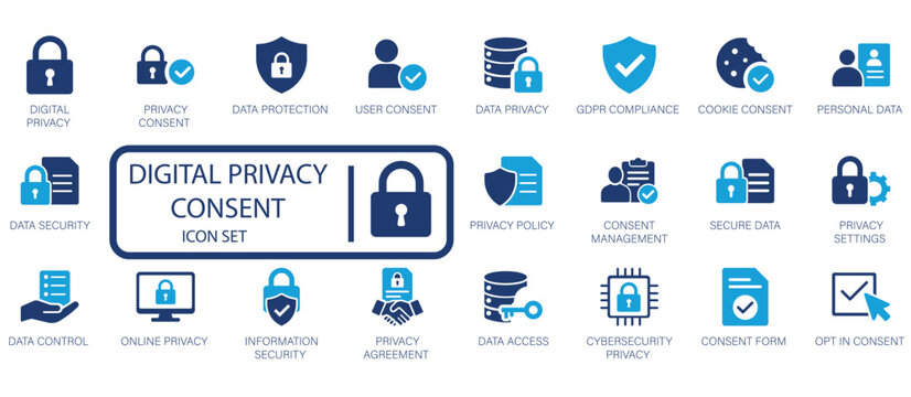 Digital privacy and data security vector icon set, covering user consent, information protection, regulatory compliance, and online data management solutions