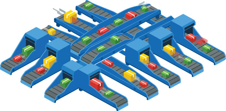 Isometric Blue Automated Sortation System Diverting Packages to Different Chutes Vector
