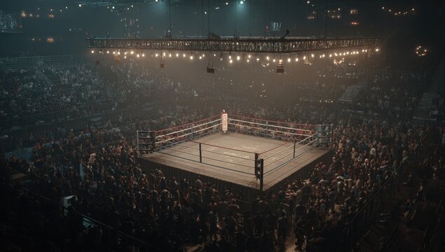 A boxing ring illuminated under bright lights sits center stage in a packed arena filled with spectators.