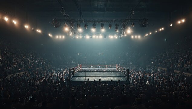 A dramatic view of a boxing ring illuminated by spotlights, surrounded by a massive crowd in a darkened arena.