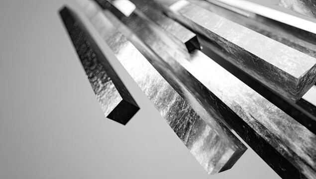 A striking black and white image showcases a collection of stacked, textured rectangular blocks, creating a dynamic and abstract composition with a focus on form and material.