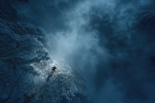 A lone climber ascends a steep, rocky cliff face shrouded in dramatic, swirling clouds.