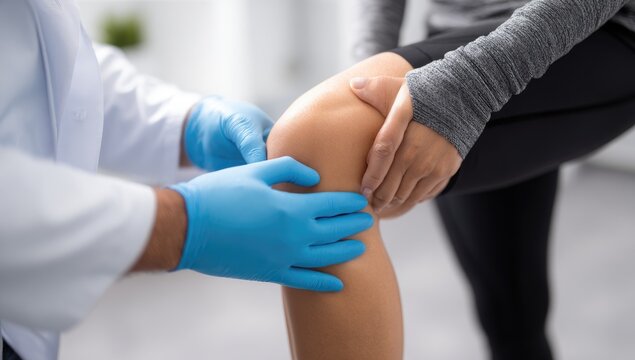A healthcare professional examines a patient's knee, demonstrating a medical assessment for potential injury or discomfort.