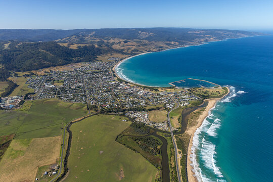 Apollo Bay aerial view, Great Ocean Road coastal town, Victoria Australia