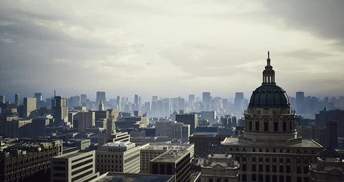 Overcast city skyline with domed landmark, muted palette, layered rooftops, distant highrise silhouettes, light drizzle atmosphere, vintage film grain,
