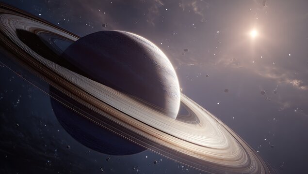 A stunning view of Saturn and its magnificent rings against a backdrop of distant stars and a glowing sun.