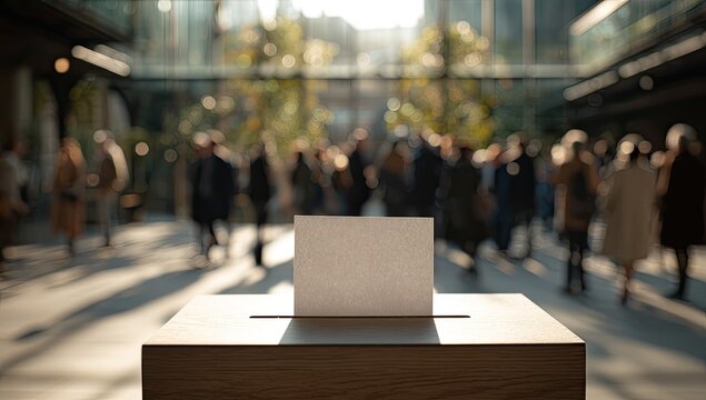 A ballot box stands prominently in the foreground with a blurred crowd in the background, suggesting an election or voting process.