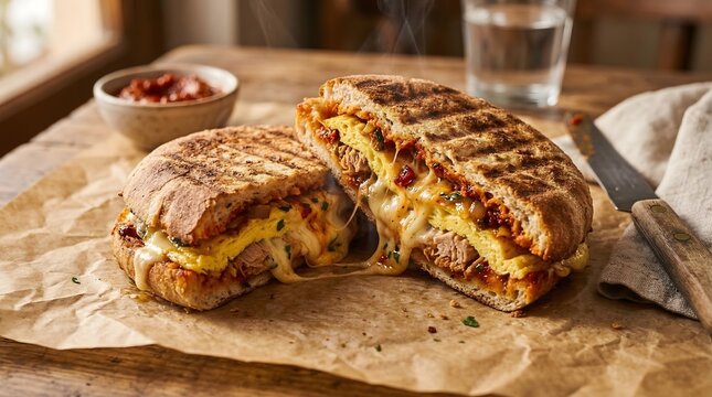 Close-Up of Hot Authentic Tunisian Chapati Sandwich with Melted Cheese and Steam