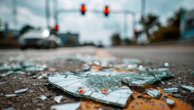 A close-up view of shattered glass scattered across an asphalt road, with blurred traffic lights and vehicles in the background, suggesting a recent accident.