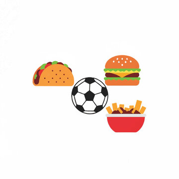 Minimalist icons of a taco, a burger, and a poutine bowl arranged in a triangle around a soccer ball, representing culinary diversity of hosts, flat vector illustration, solid flat block colors,