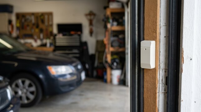 Medium shot of intrusion sensor on garage door frame blurred cars and tools behind showcasing smart home IoT security for realtime insurer notifications.
