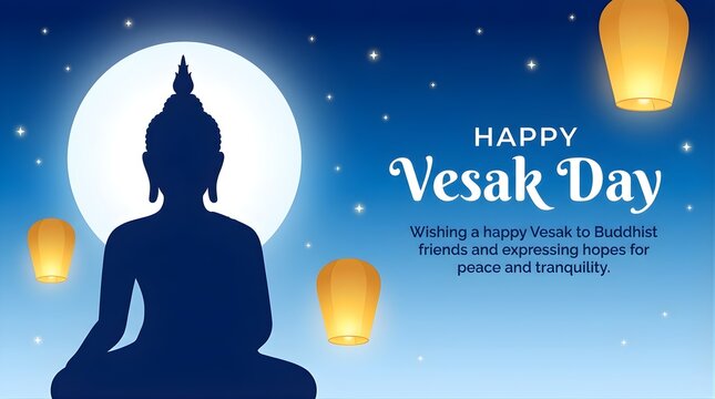 Buddha sits in meditation on Vesak Day at night with lanterns