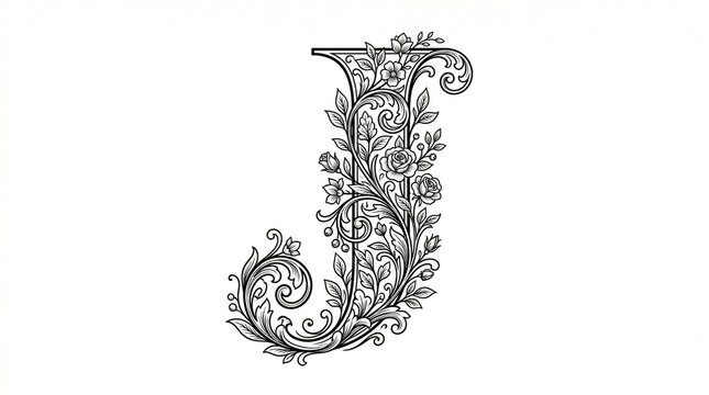 Ornate floral letter J illustration with vines and leaves