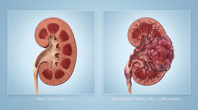 Healthy Kidney vs Malignant Renal Cell Carcinoma 3D Illustration