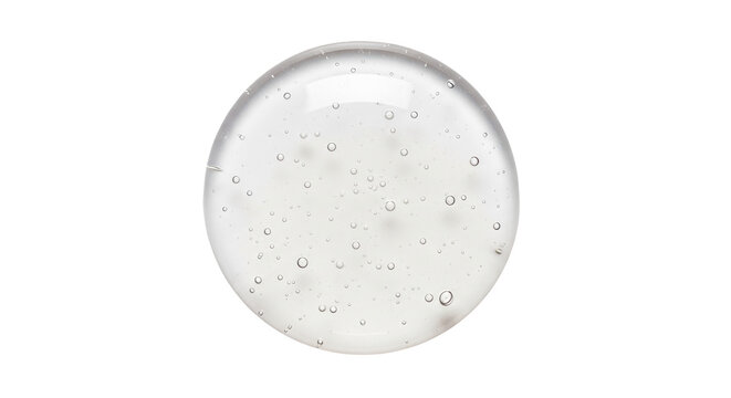 Texture swatch of glycerin gel transparent hyaluronic acid serum on white isolated background, macro Detergent, cosmetics, laboratory A round drop