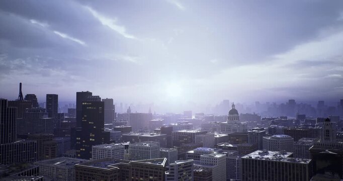 sunrise over financial district with glittering towers and soft haze creating calm corporate mood, highrise glass facades reflecting pale blue light, distant