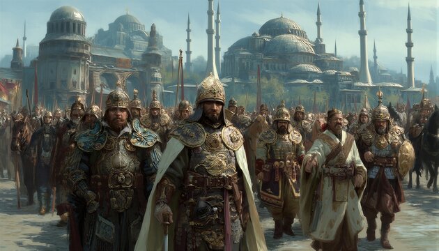 A grand procession of Ottoman soldiers and dignitaries marches towards the magnificent Hagia Sophia.