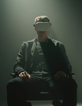 A man sits immersed in a virtual world, his expression unreadable as he navigates the digital landscape.
