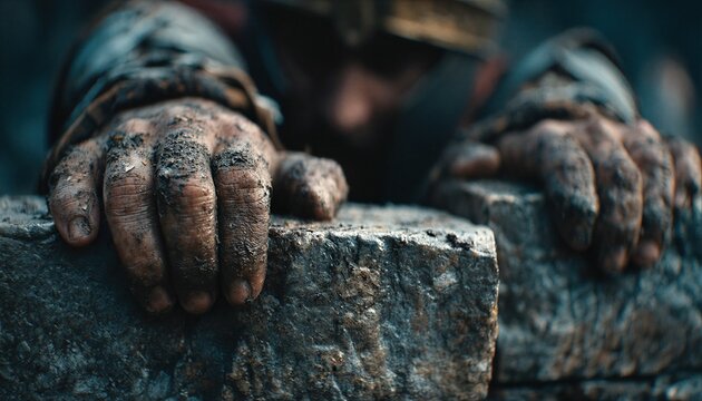 A close-up image showcasing weathered hands gripping a rough stone surface, conveying strength and perseverance.