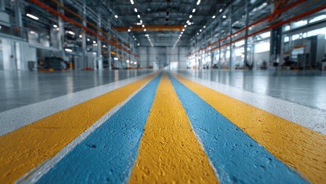 A long, brightly painted floor leads the eye into the vastness of an empty warehouse.