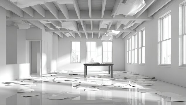 A monochromatic image depicts a chaotic interior space filled with scattered papers and a solitary table, evoking a sense of disarray and abandonment.