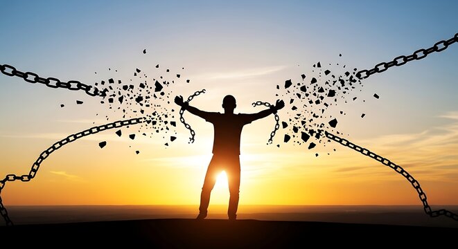 Breaking Free Silhouette of a person shattering chains against a vibrant sunset, symbolizing freedom and overcoming obstacles