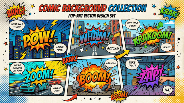 Comic background collection pop art vector design set with boom zap po