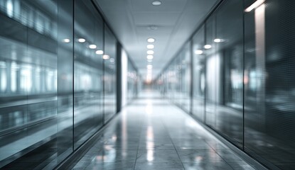 Fototapeta premium A long, blurred corridor with reflective floors and recessed lighting creates a sense of depth and modern architecture.